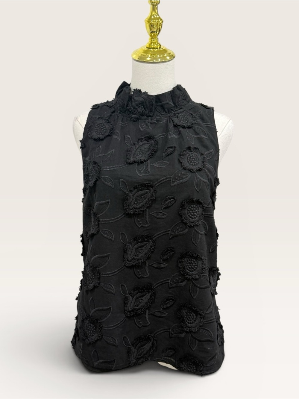 Abbey Glass Large Barbara Black Ruffle Neck Top 3D Floral Cotton NWT $145 - Picture 2 of 14